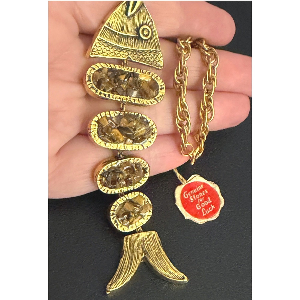 Vintage Fish Necklace Stone Articulated Gold Tone Brown